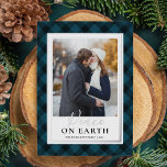 Navy Blue Buffalo Plaid Peace On Earth Photo<br><div class="desc">Festive plaid holiday photo card features your favourite image on a navy and black handpainted buffalo plaid background bordered with silver foil. "Peace On Earth" appears beneath in silver foil and black serif lettering,  with your family name(s) and the year in classic black type.</div>