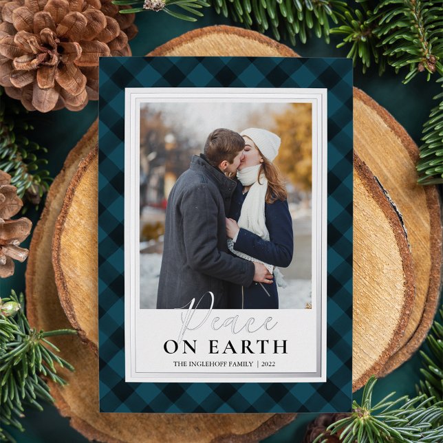 Navy Blue Buffalo Plaid Peace On Earth Photo (Creator Uploaded)