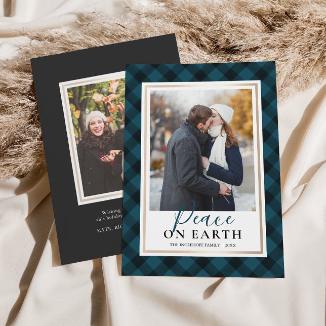 Navy Blue Buffalo Plaid Peace On Earth Photo Holiday Card (Creator Uploaded)