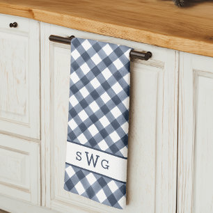 Navy Blue Buffalo Plaid Three Initial Monogram Tea Towel