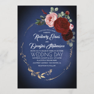 Navy Blue Burgundy and Gold Floral Boho Wedding Invitation
