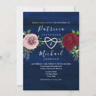 Navy Blue Burgundy and Pink Floral Rustic Wedding Invitation