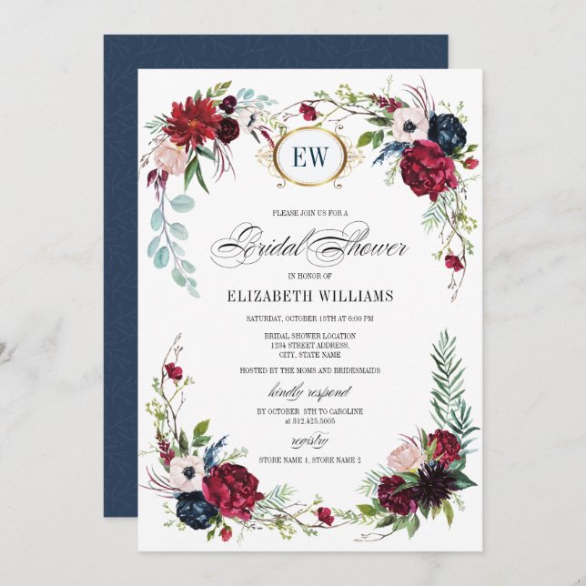 Navy Blue, Burgundy Bloom Watercolor Bridal Shower Invitation (Front/Back)