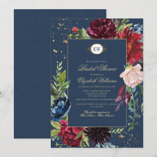 Navy Blue, Burgundy Bloom Watercolor Bridal Shower Invitation