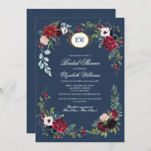 Navy Blue, Burgundy Bloom Watercolor Bridal Shower Invitation