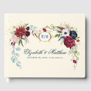 Navy Blue Burgundy Bloom Watercolor Wedding Guest Book