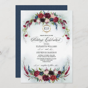 Navy Blue   Burgundy Bloom Watercolor Wedding Invitation
