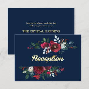 Navy Blue Burgundy Bloom Wedding Reception Cards