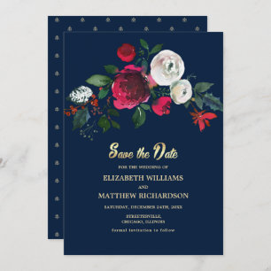 Navy Blue   Burgundy  Bloom Wedding Save the Date Invitation