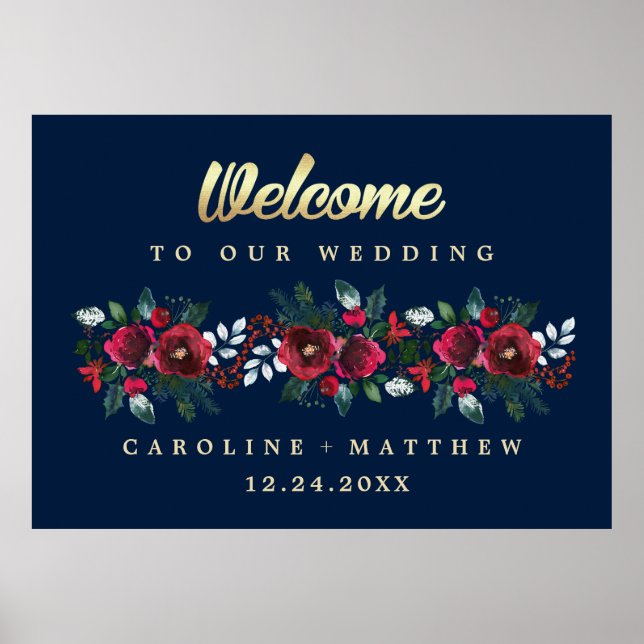 Navy Blue | Burgundy Bloom Wedding Welcome Sign (Front)