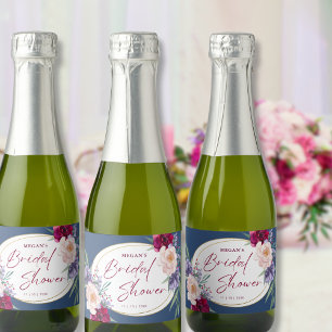 Navy Blue Burgundy Blush & Bloom Bridal Shower  Sparkling Wine Label