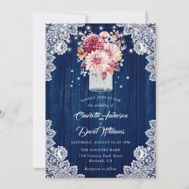 Navy Blue Burgundy Blush Dahlia Floral Wedding Invitation (Front)
