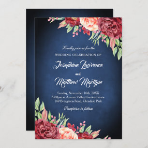 Navy Blue Burgundy Blush Elegant Floral Wedding Invitation