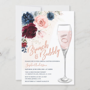 Navy Blue Burgundy Blush Floral Brunch and Bubbly Invitation