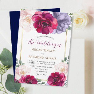 Navy Blue Burgundy  Blush Floral Luxurious Wedding Invitation