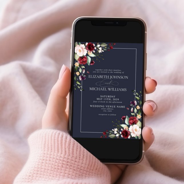 Navy Blue Burgundy Blush Floral Photo Wedding Invitation (Creator Uploaded)