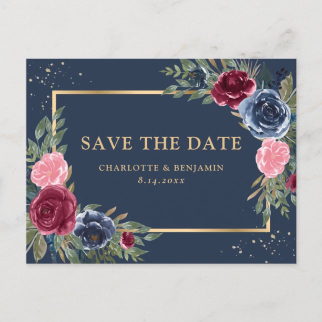 Navy Blue Burgundy Blush Gold Floral Save The Date Announcement Postcard (Front)