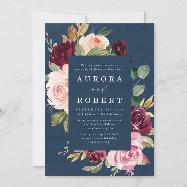 Navy Blue Burgundy Blush Gold Rehearsal Dinner Invitation (Front)