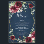 Navy Blue Burgundy Blush Gold Wedding Menu Cards<br><div class="desc">Design features a dark navy watercolor wash printed background with a printed gold coloured geometric or terrarium frame covered in elegant eucalyptus and greenery leaves/branches. Beautiful peony and rose floral elements in shades of burgundy,  red,  Marsala and more with hints of blush pink flowers appear over the greenery.</div>
