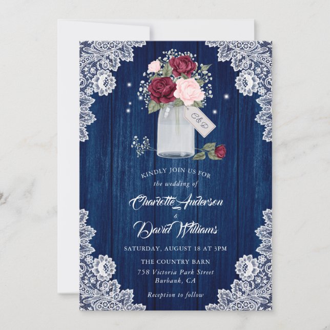 Navy Blue Burgundy Blush Lace Mason Jar Wedding Invitation (Front)