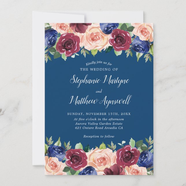 Navy Blue Burgundy Blush Modern Floral Wedding Invitation (Front)