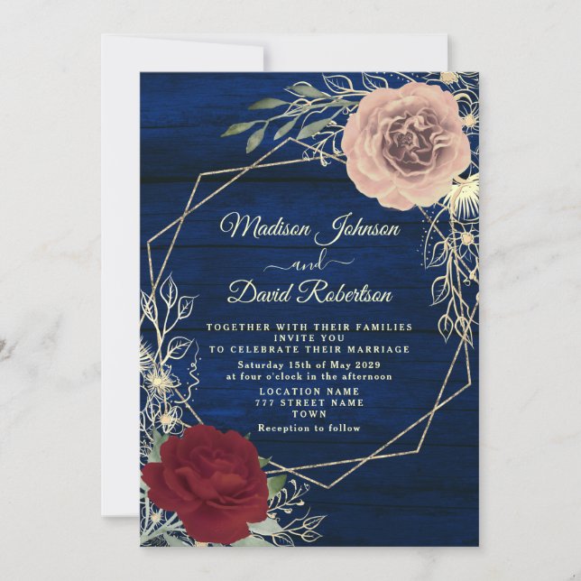 Navy Blue Burgundy Blush Pink and Gold Wedding Invitation (Front)