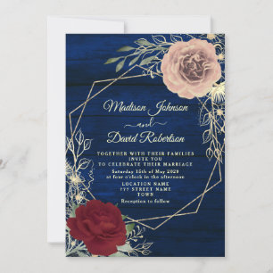 Navy Blue Burgundy Blush Pink and Gold Wedding Invitation