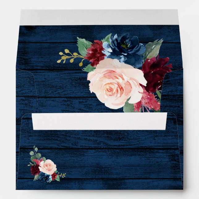 Navy Blue Burgundy Blush Pink Country Wood Wedding Envelope (Back (Bottom))