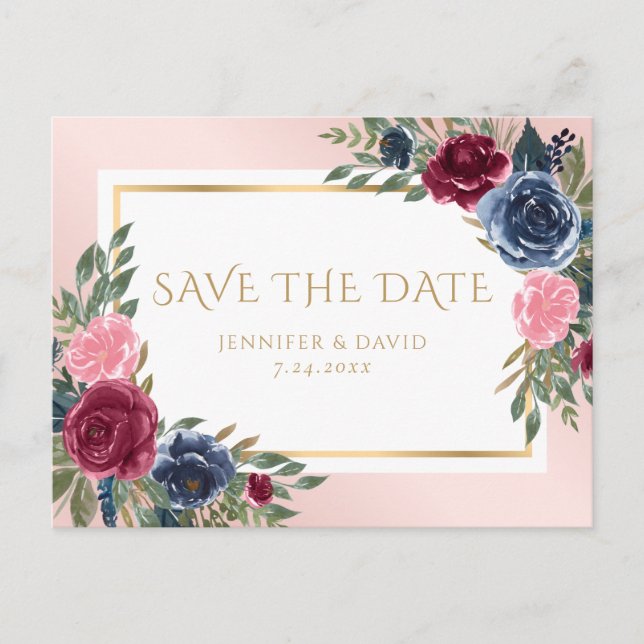 Navy Blue Burgundy Blush Pink Floral Save The Date Announcement Postcard (Front)