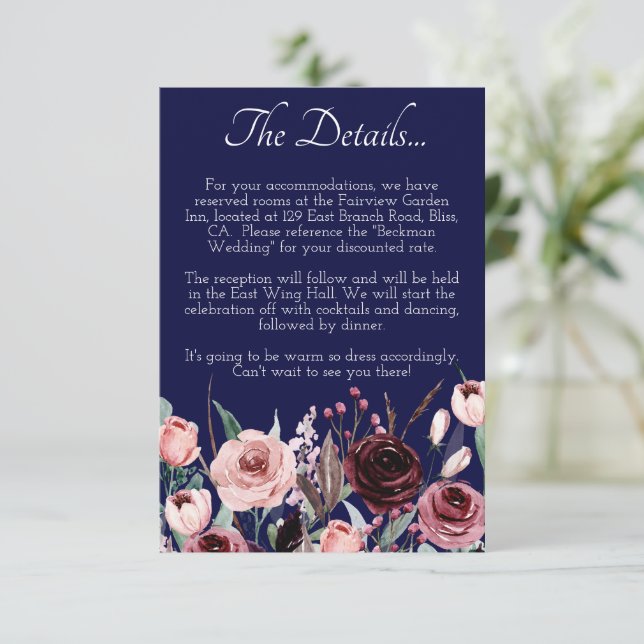 Navy Blue Burgundy Blush Pink Floral Wedding Enclosure Card (Standing Front)