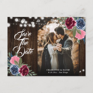 Navy Blue Burgundy Blush Pink Floral Wedding Photo Postcard