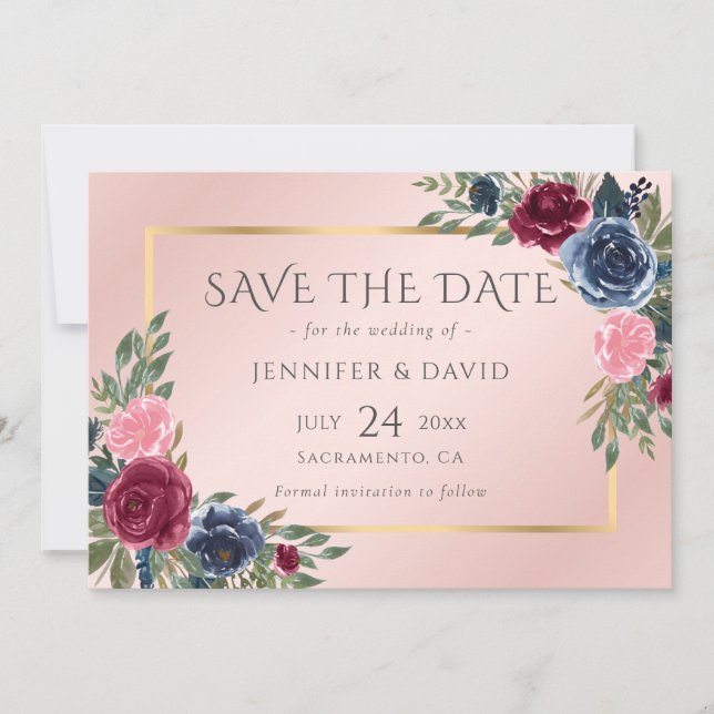 Navy Blue Burgundy Blush Pink Gold Floral Save The Date (Front)