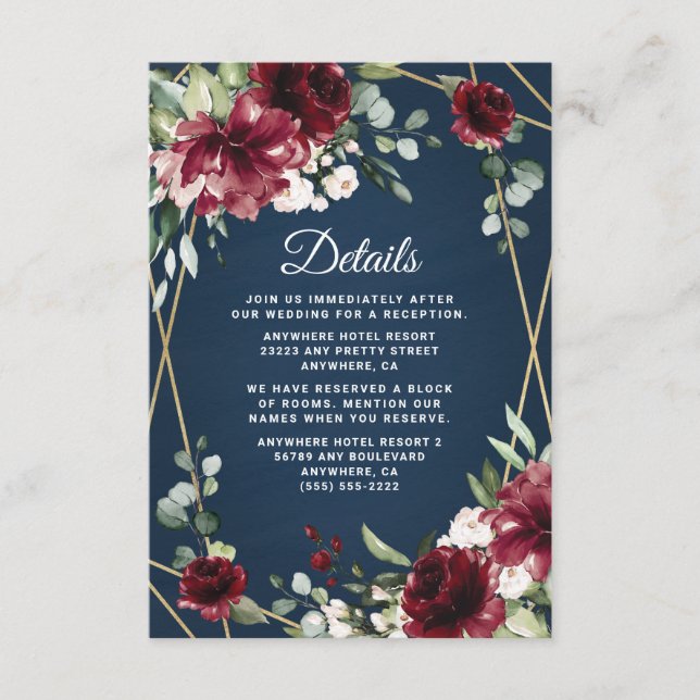 Navy Blue Burgundy Blush Pink Gold Floral Wedding Enclosure Card (Front)