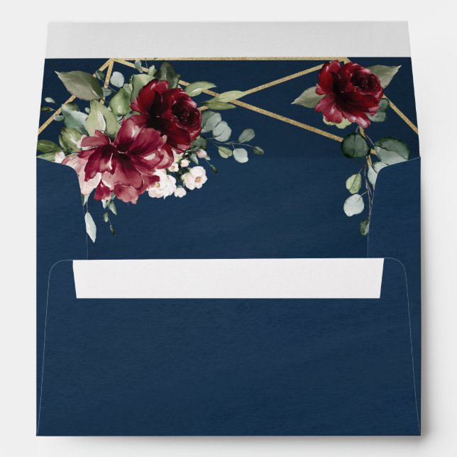 Navy Blue Burgundy Blush Pink Gold Floral Wedding Envelope (Back (Bottom))