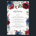 Navy Blue Burgundy Blush Pink Wedding Menu Cards<br><div class="desc">Template features an elegant wreath of watercolor flowers in shades of burgundy red,  Marsala,  navy and blush pink with a modern typography layout.</div>