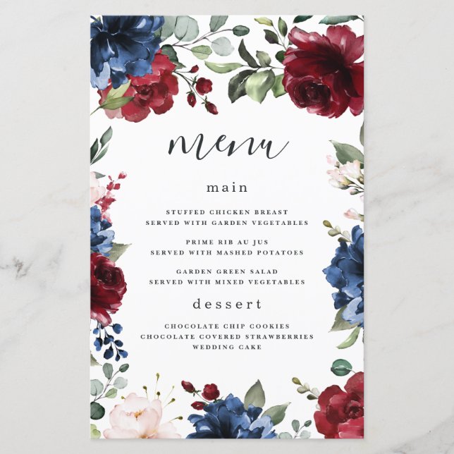 Navy Blue Burgundy Blush Pink Wedding Menu Cards (Front)