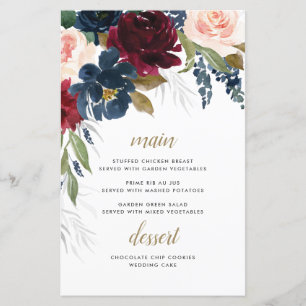 Navy Blue Burgundy Blush Pink Wedding Menu Cards