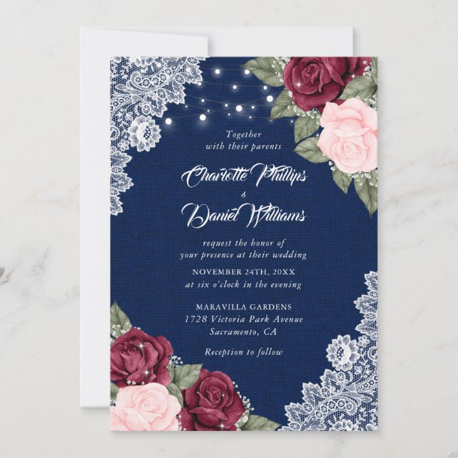 Navy Blue Burgundy Blush Rustic Floral Wedding Invitation (Front)