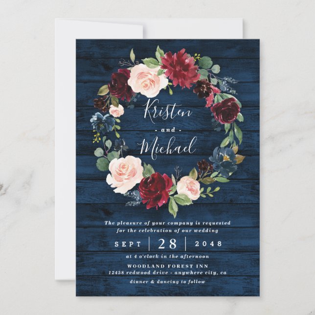 Navy Blue Burgundy Blush Watercolor Wreath Wedding Invitation (Front)