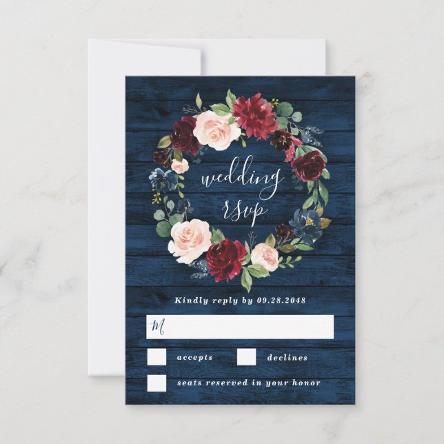 Navy Blue Burgundy Blush Watercolor Wreath Wedding RSVP Card (Front)
