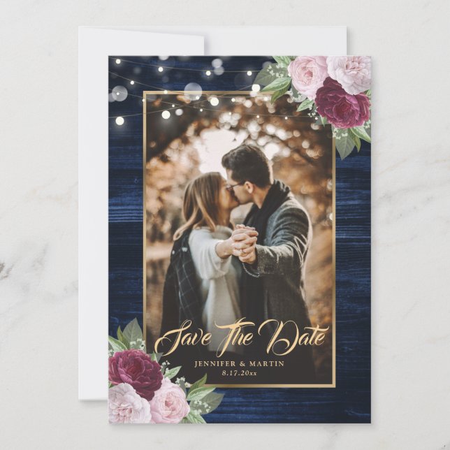 Navy Blue Burgundy Blush Wedding Photo Save The Date (Front)