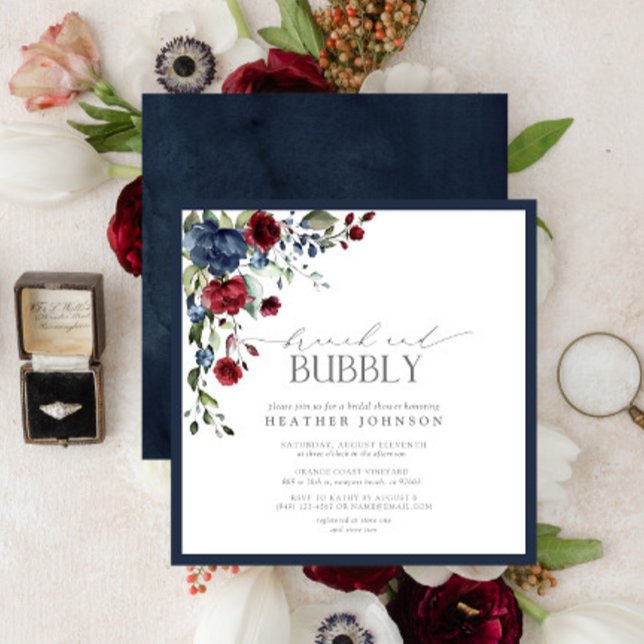 Navy Blue Burgundy Botanical Brunch Bubbly Shower Invitation (Creator Uploaded)