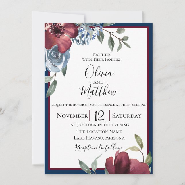 Navy Blue Burgundy Botanical Wedding Invitation (Front)