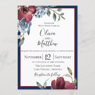 Navy Blue Burgundy Botanical Wedding Invitation