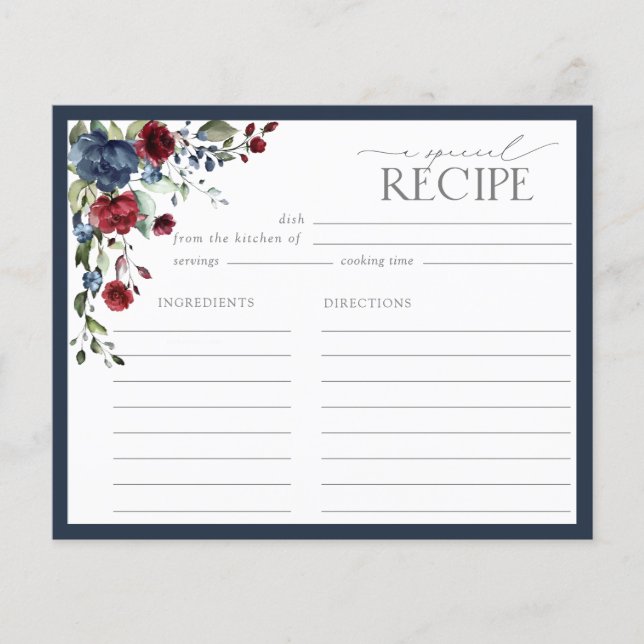 Navy Blue Burgundy Bridal Shower Recipe Card (Front)