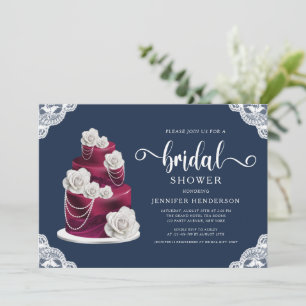 Navy Blue Burgundy Cake & Lace Bridal Shower Invitation