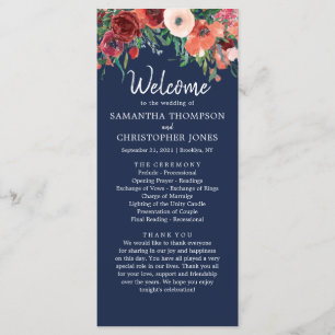 Navy Blue Burgundy Coral Floral Wedding Ceremony Programme