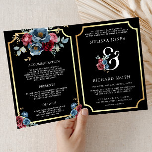 Navy Blue Burgundy Floral Ampersand Black Wedding Invitation