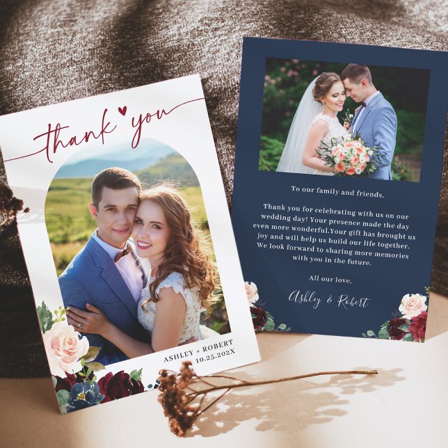 Navy Blue Burgundy Floral Arch Wedding Photo Thank You Card (Creator Uploaded)