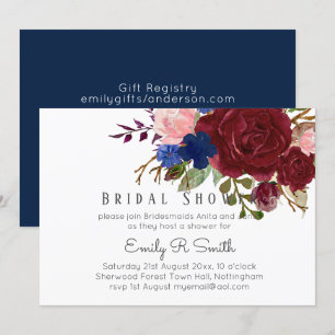 Navy Blue Burgundy Floral Bouquet Wedding Invitation